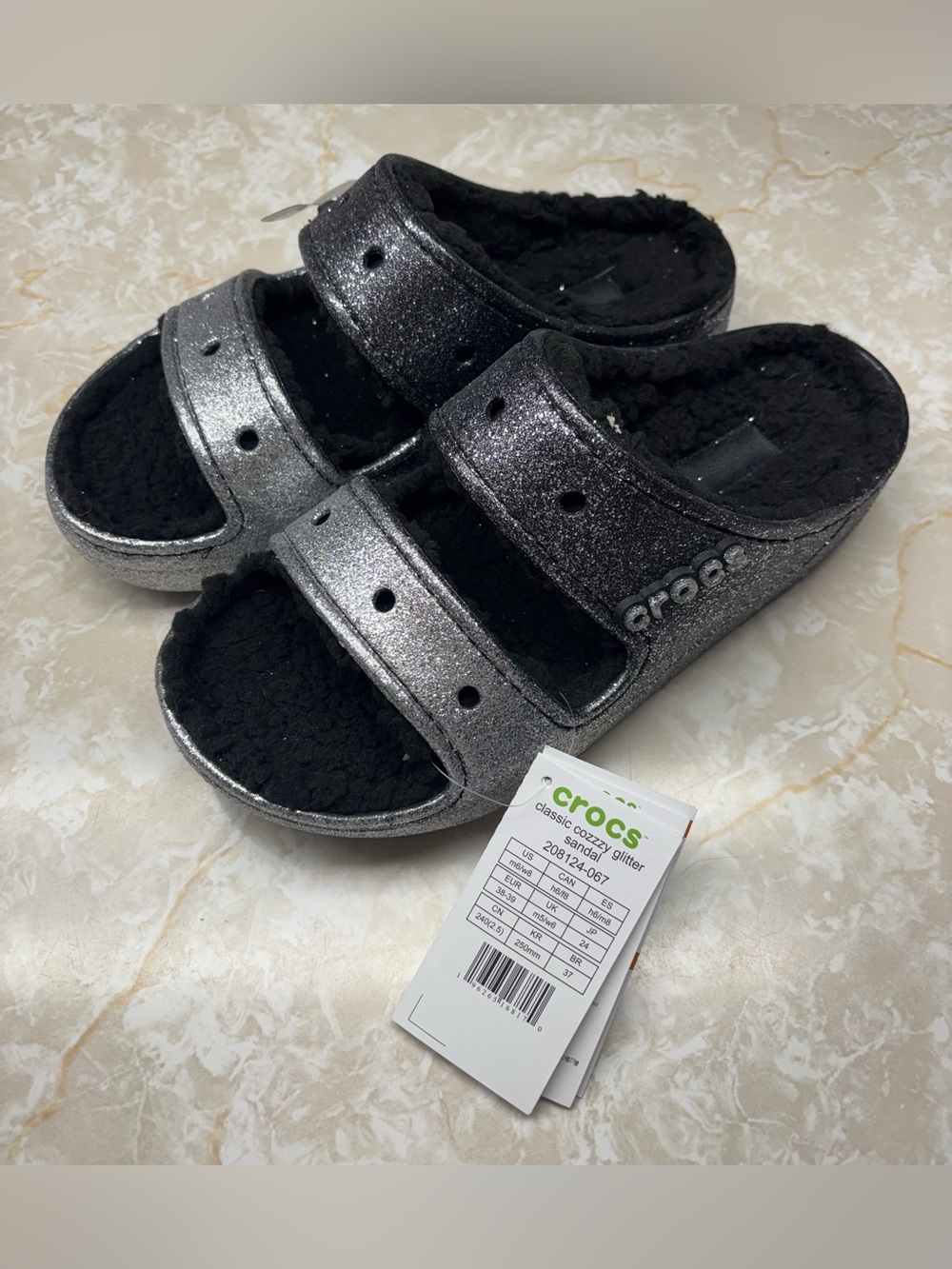 Crocs Classic Slide Glitter Sandals in Silver Sz 8, NWT